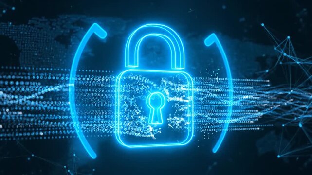 Advanced global network security protocols ensure robust data integrity and user privacy with digital encryption symbolized by a futuristic padlock