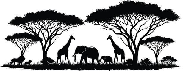 Vector illustration of African savanna landscape with black silhouettes of acacia trees, elephants, giraffes and lions, isolated on white background for safari design © MdShahid