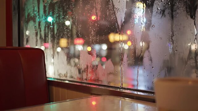 Interior view of a diner on a rainy night, showcasing a window, seat, and blurred city lights