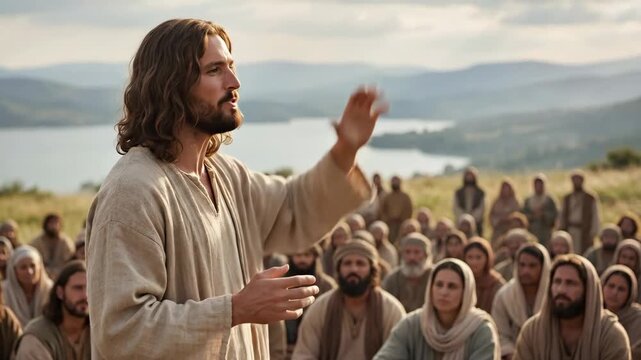 Caucasian man Jesus Christ preaching to a crowd in a biblical outdoor setting, delivering a sermon and communicating concepts for christianity The Sermon on the Mount