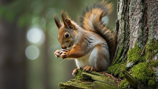 Red squirrel eating nut on mossy tree branch in forest setting with soft focus background