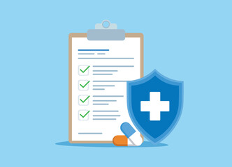 Obraz premium Medical Checklist and Health Insurance Protection Concept with Shield and Pills Flat Vector Illustration