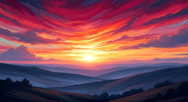 Beautiful sunset over rolling hills with colorful clouds in the sky landscape