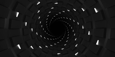 Futuristic dark tunnel with glowing rectangular lights