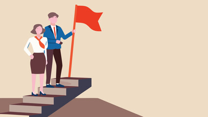 Fototapeta premium Vector illustration of business team standing on stairs with flag, leadership concept for presentation or website