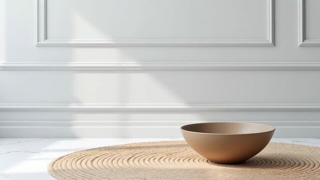 Simple bowl on the floor beside a woven rug in a bright room with white walls and natural light in the morning 
