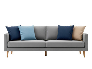 Modern gray sofa with throw pillows isolated on transparent background