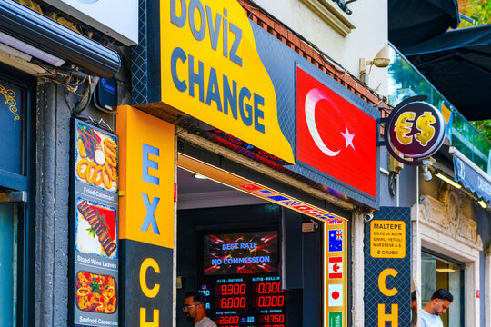 Turkish currency exchange office with no commission. Exchange rates, buying and selling dollars and euros for travelers and tourists, Istanbul, Turkey, 07 August 2025.