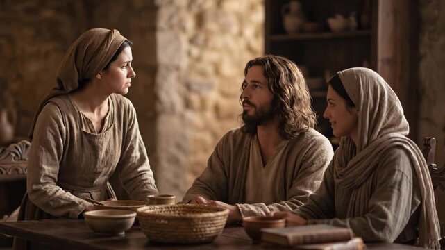 Martha scolds Mary, complains to Jesus Christ that they don't help her with the housewor The Gospel story.