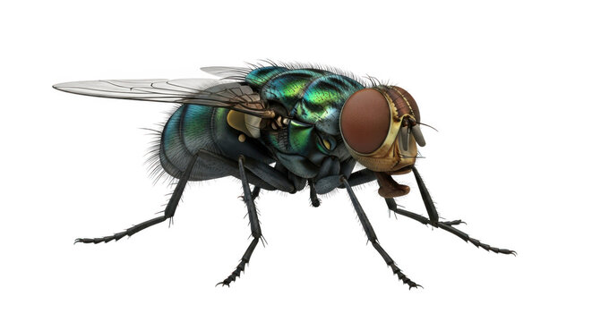 Macro view of metallic green blowfly insect side profile on transparent background cutout