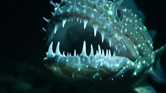 A close-up view of a deep-sea predator with sharp teeth and glowing spots, in a dark environment