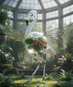 Biomechanical Glass Flamingo with Gears in Lush Greenhouse