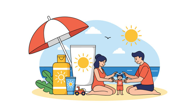 Happy family spending time on beach applying sunscreen with large bottle of sun protection lotion and beach umbrella nearby.