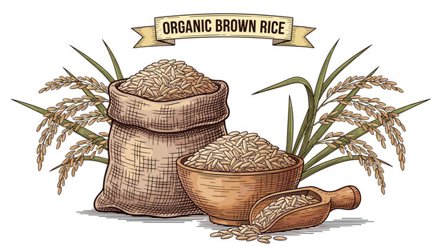 Organic brown rice illustration featuring a burlap sack, a wooden bowl, a scoop, and stalks of mature rice grain for healthy diet.