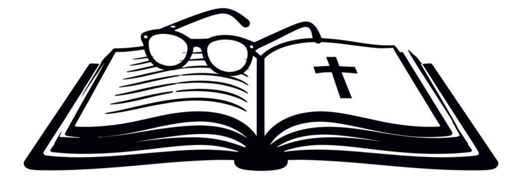 Hand drawn line art illustration of an open bible and reading glasses depicting the items resting on its pages for religious study