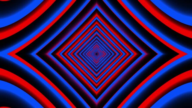 Abstract blue and red glowing concentric diamond tunnel pattern on black background