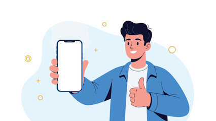 Smiling young man holding a modern blue smartphone with a blank white screen and showing a thumbs up gesture for mobile app recommendation.