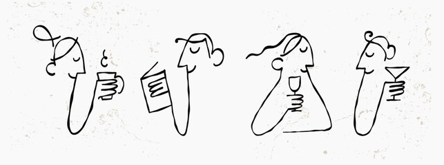Minimalist People Relaxing Doodle Set, Shaky Line Characters Drinking Coffee and Reading