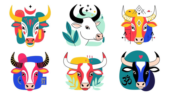 Vibrant collection of stylized bull and cow head illustrations, showcasing diverse graphic art designs with zodiacal and cultural motifs, ideal for modern symbolism and animal projects