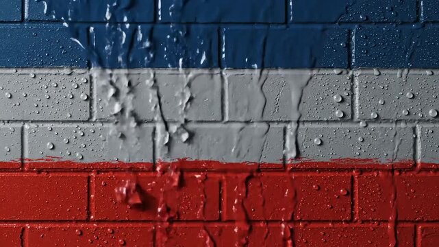 Dynamic video showcasing vibrant blue grey and red stripes on a brick wall as water cascades down forming intricate patterns and glistening droplets