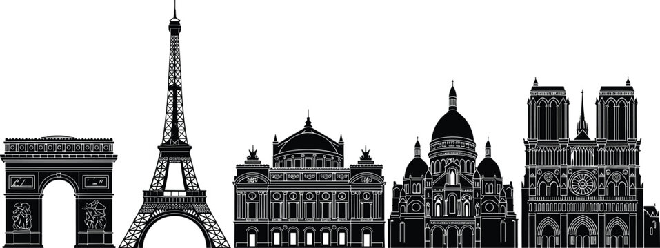 Detailed Black and White Silhouette of Paris Landmarks Including Eiffel Tower Notre Dame Arc de Triomphe and Sacre Coeur for France Tourism