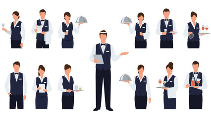 Set of professional waiters and waitresses in uniform holding trays with food and drinks for a hospitality and service industry concept.