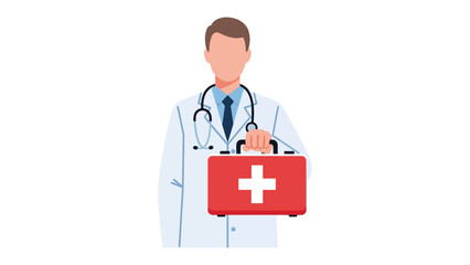 Fototapeta premium Medical Professional with First Aid Kit: A medical professional, holding a red first aid kit, stands ready to provide care, embodying the spirit of healthcare and emergency assistance.