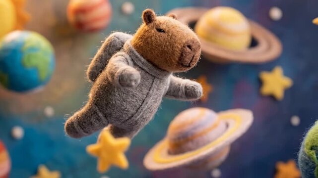 Cute capybara in astronaut costume floats through felt universe with planets and stars, imaginative space adventure concept