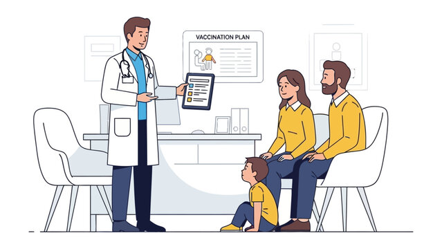 Health Discussion: A doctor explains the vaccination plan to a family in a clinical setting, fostering informed decision-making and preventative healthcare
