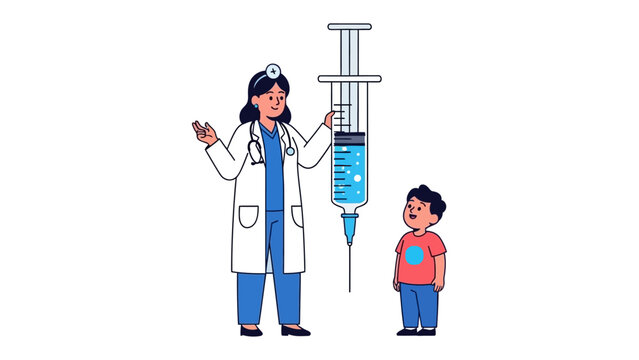 Medical Appointment: A friendly doctor, accompanied by a colossal syringe, stands face-to-face with a young, apprehensive patient.