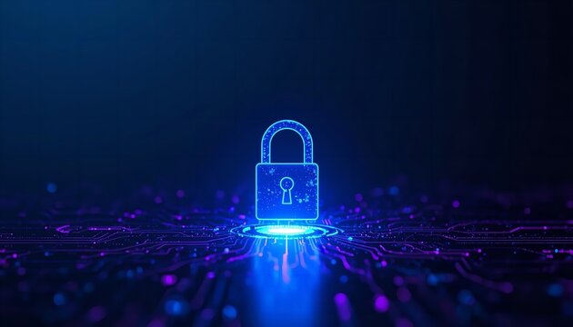 A glowing blue padlock on a circuit board represents cybersecurity and data protection in a digital world.