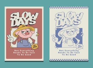 Naklejka premium retro style cartoon pig illustration with positive slow-life vibes. simple vector poster design suitable for t-shirts, wall art, and print projects