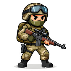 Naklejka premium A sturdy special forces soldier with a combat weapon, fully equipped in special combat gear. Cartoon mascot, illustration, clean lines, flat design, modern, high quality