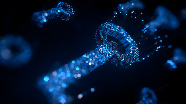 Digital encryption keys made of data particles, secure access authentication, information protection, and cybersecurity technology concept