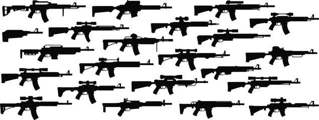 Black silhouettes of various rifles and guns white background