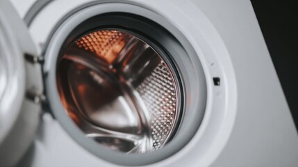 Open washing machine door showing stainless steel drum in modern laundry room