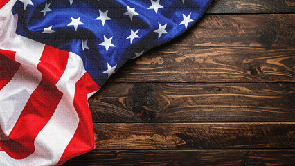 Obraz premium High-angle shot of the United States flag draped over a dark, rustic wooden surface with detailed grain textures