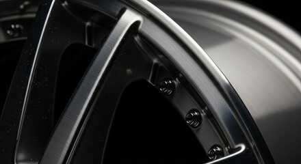 Naklejka premium A close-up view of a sleek alloy wheel with five spokes and shiny metallic surface in a dark environment