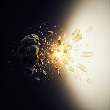 Rock transforming into radiant golden crystals in explosive metamorphosis