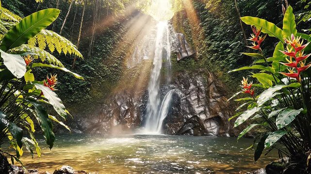 Tropical waterfall cascading down rocky slope surrounded by lush greenery and vibrant plants, with sunlight filtering through