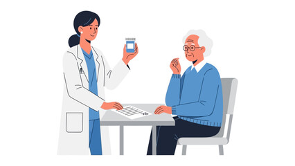 Healthcare Consultation: A compassionate doctor explains medication to an elderly patient, fostering trust and care in a medical setting.