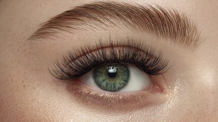 Obraz premium Close-up of a green eye with long eyelashes and perfectly groomed eyebrow highlighting natural beauty