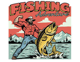 Obraz premium Fishing adventure graphic print design for t-shirt and apparel. Strong fisherman catching big fish artwork. Retro outdoor sports poster design. Vintag