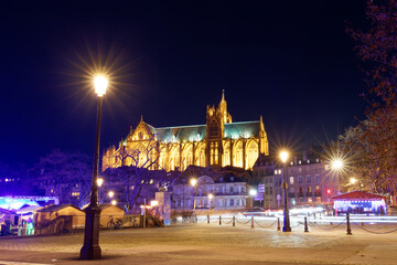 View on the beautiful illuminated cathedral in Metz during the twilight in Lorraine region of France