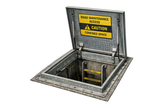 Road maintenance access with caution confined space sign
