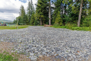 Empty gravel road in mountain forest clearing