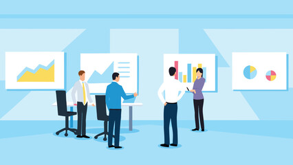Obraz premium Vector illustration of business people discussing data charts and graphs in meeting room, for presentation or website