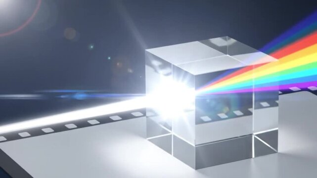 Ray of white light passing through glass cube prism creating a vibrant rainbow spectrum on dark background. 3D Animation