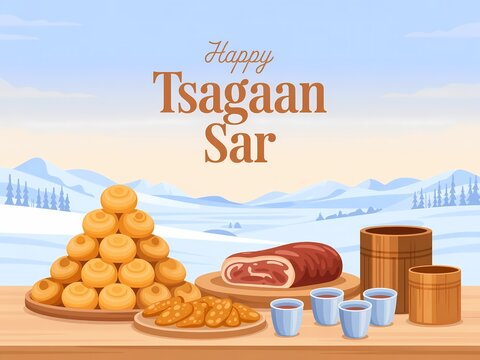 Happy tsagaan sar with traditional mongolian food and drinks on a table in a winter landscape