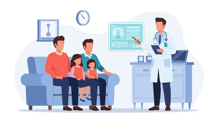 Medical Consultation: A doctor engages in a thorough consultation with a family, examining their health records in a comfortable clinical setting.